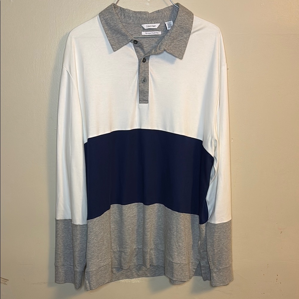 Calvin Klein White and Gray Polo Shirt with Colorblock Design